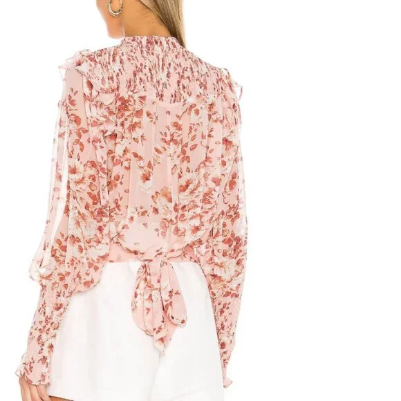 Bardot Remi Blouse x Revolve Floral Peach smocked yoke and cuffs size small - Picture 2 of 8